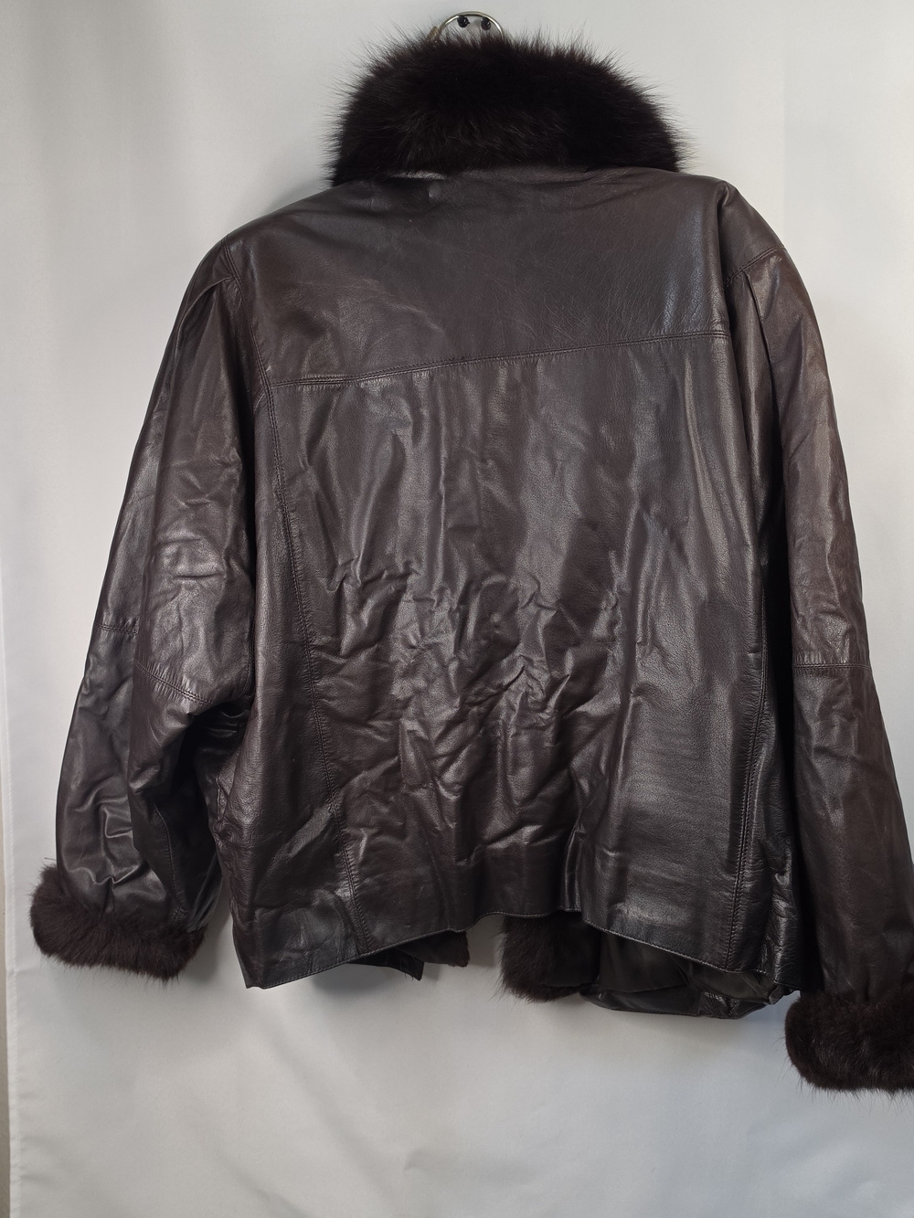Roxciticus Vintage Brown Leather Fox Fur Trim Coat Large Jacket Hong Kong Orgin - Picture 9 of 14